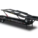 A double-deck 4 car hauler trailer is pictured here. It is the best car for your needs for transporting multiple cars at once.